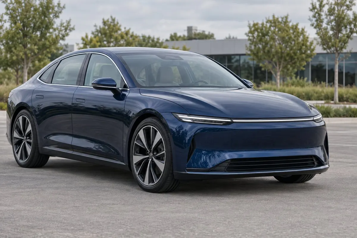 A dark blue electric sedan