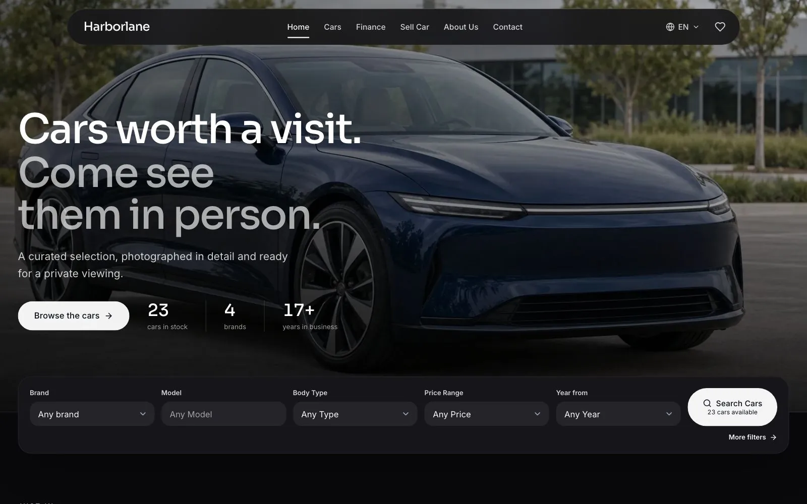 A sample dealership website in the Showroom design